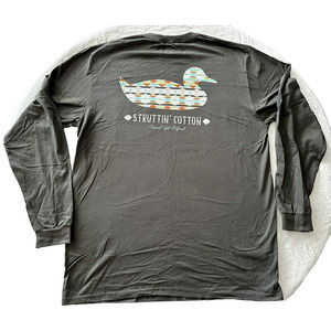 Struttin Cotton Long Sleeve Grey T-Shirt Large Duck Graphic Outdoors CLEAN